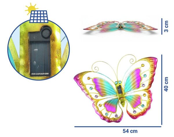 Ozdoba ogrodowa na ścianę, motyl solarny LED, 54 x 40 cm