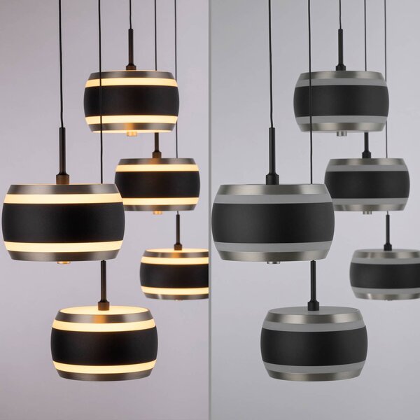 PURE Lampa wisząca Falling Rings, możliwość ściemniania, czarny, salon / jadalnia, metal, nowoczesny
