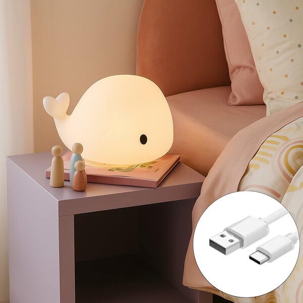 Lampa stołowa biała 30 cm z LED, ściemnialna, IP54, ładowalna - Baby Whale