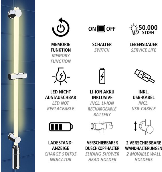Drążek prysznicowy LED, 94 cm, RGB, WENKO