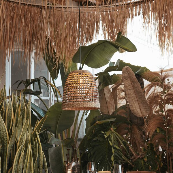 Newgarden Lampa wisząca Positano, naturalna, trawa morska, Ø33cm, IP44 możliwość ściemniania, jasne drewno, drewno, skandynawski