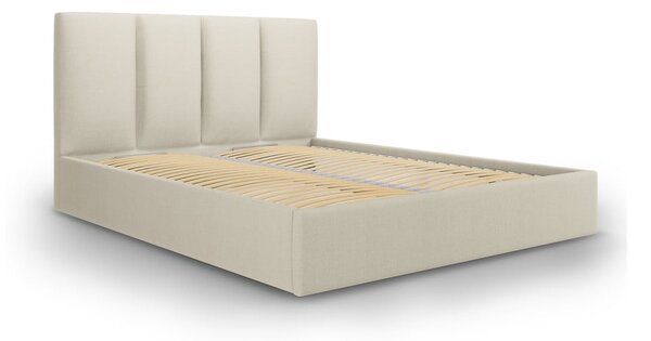 Beżowe tapicerowane łóżko dwuosobowe ze schowkiem ze stelażem 160x200 cm Juniper – Mazzini Beds