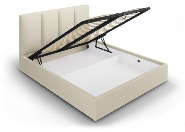 Beżowe tapicerowane łóżko dwuosobowe ze schowkiem ze stelażem 160x200 cm Juniper – Mazzini Beds