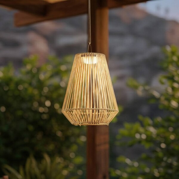 Lampa wisząca LED z panelem słonecznym Lindby Austas, beżowa, Ø 32 cm, USB, IP54 Austas Lindby, możliwość ściemniania, kremowy / amber, tworzywo sztuczne, nowoczesny