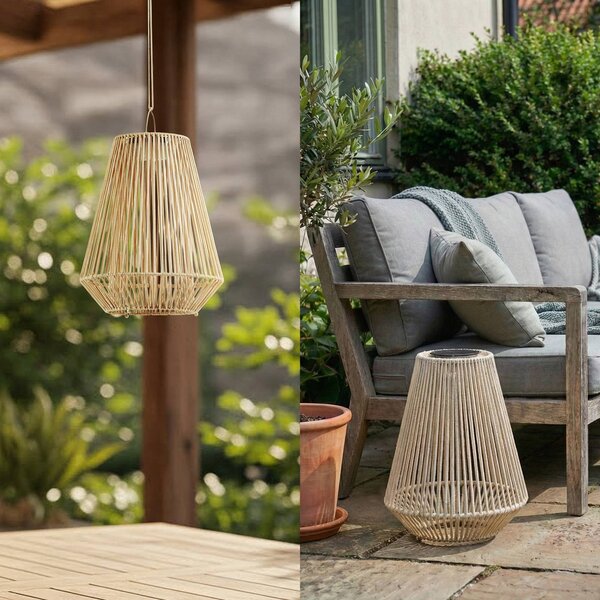 Lampa wisząca LED z panelem słonecznym Lindby Austas, beżowa, Ø 32 cm, USB, IP54 Austas Lindby, możliwość ściemniania, kremowy / amber, tworzywo sztuczne, nowoczesny
