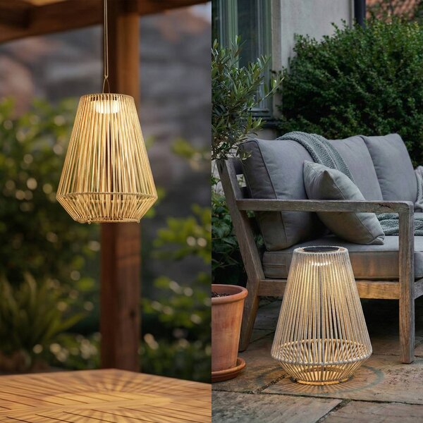 Lampa wisząca LED z panelem słonecznym Lindby Austas, beżowa, Ø 32 cm, USB, IP54 Austas Lindby, możliwość ściemniania, kremowy / amber, tworzywo sztuczne, nowoczesny