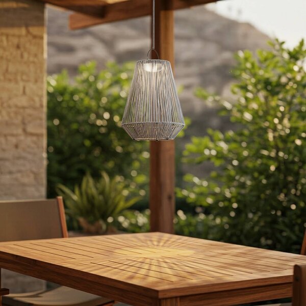 Lampa wisząca Lindby LED z zasilaniem słonecznym Austas, szara, Ø 32 cm, USB, Austas Lindby, możliwość ściemniania, aluminiowy / szary / cynkowy, tworzywo sztuczne, nowoczesny