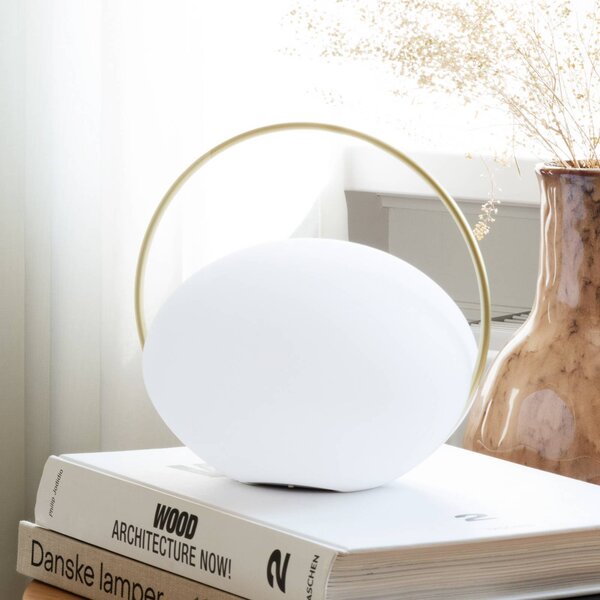 UMAGE lampa stołowa LED z akumulatorem Orbit, biała/mosiężna, IP44, CCT możliwość ściemniania, biały / opal, salon / jadalnia, tworzywo sztuczne, design