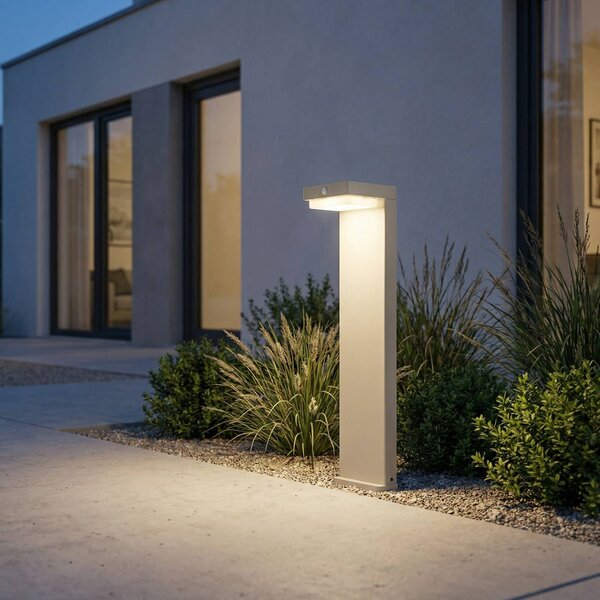 Lindby LED-słupek oświetleniowy solarny Eleazar, biały, aluminium, czujnik Eleazar Lindby, możliwość ściemniania, biały / opal, aluminium