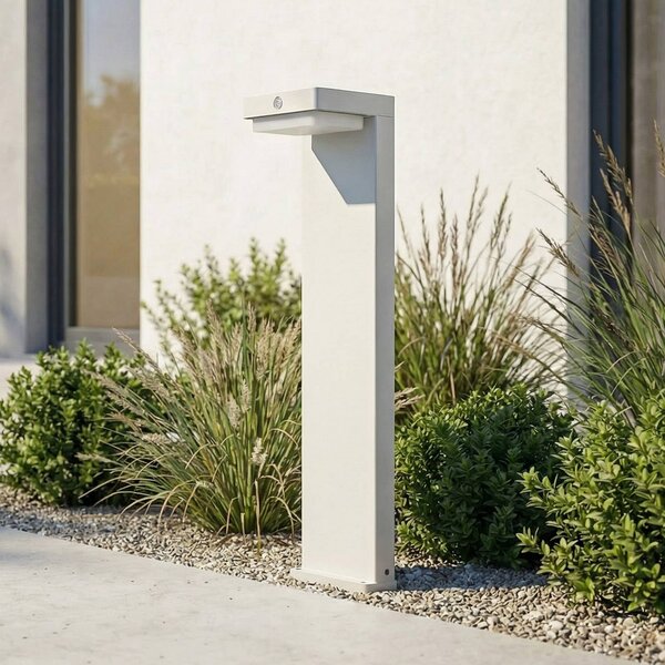Lindby LED-słupek oświetleniowy solarny Eleazar, biały, aluminium, czujnik Eleazar Lindby, możliwość ściemniania, biały / opal, aluminium