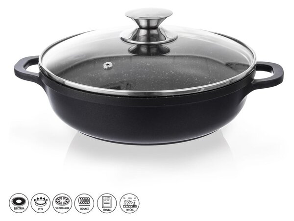 Niski garnek z powierzchnią nieprzywierającą Pfluon Granit i szklaną pokrywką Orion Grande, ⌀ 28 cm
