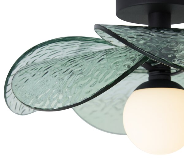 Designerska lampa sufitowa czarna z zielonym żebrowanym szkłem - Kemner