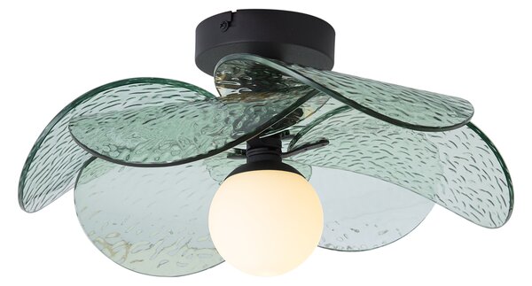 Designerska lampa sufitowa czarna z zielonym żebrowanym szkłem - Kemner