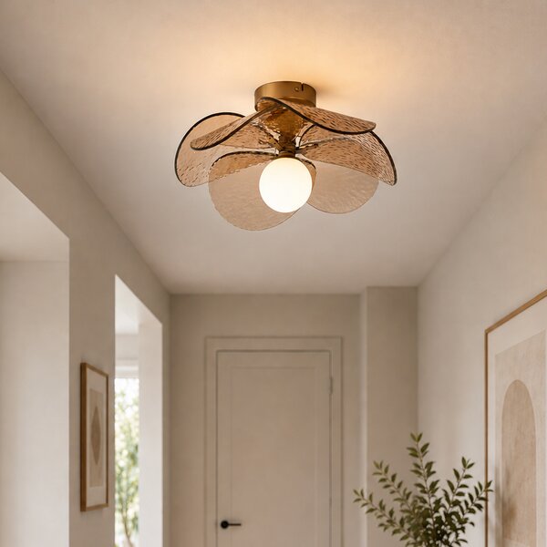 Designerska lampa sufitowa ciemnobrązowa z bursztynowym żebrowanym szkłem - Kemner