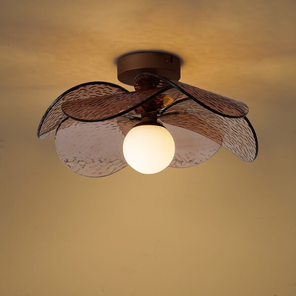 Designerska lampa sufitowa ciemnobrązowa z bursztynowym żebrowanym szkłem - Kemner