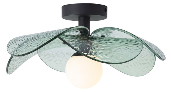 Designerska lampa sufitowa czarna z zielonym żebrowanym szkłem - Kemner