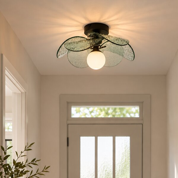 Designerska lampa sufitowa czarna z zielonym żebrowanym szkłem - Kemner