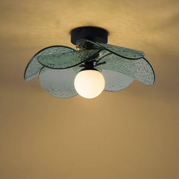 Designerska lampa sufitowa czarna z zielonym żebrowanym szkłem - Kemner