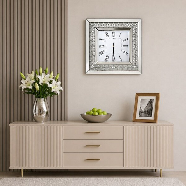Zegar ścienny kwadratowy glamour lustrzany srebrny z kryształkami 50x50 cm C-0624