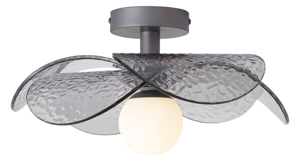 Designerska lampa sufitowa srebrna z przydymionym, żebrowanym szkłem - Kemner