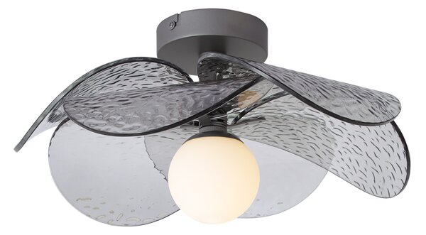 Designerska lampa sufitowa srebrna z przydymionym, żebrowanym szkłem - Kemner
