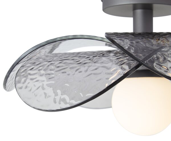 Designerska lampa sufitowa srebrna z przydymionym, żebrowanym szkłem - Kemner