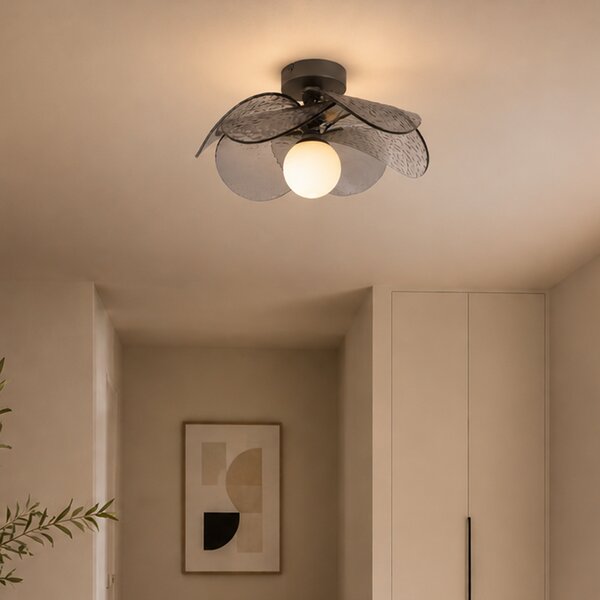 Designerska lampa sufitowa srebrna z przydymionym, żebrowanym szkłem - Kemner
