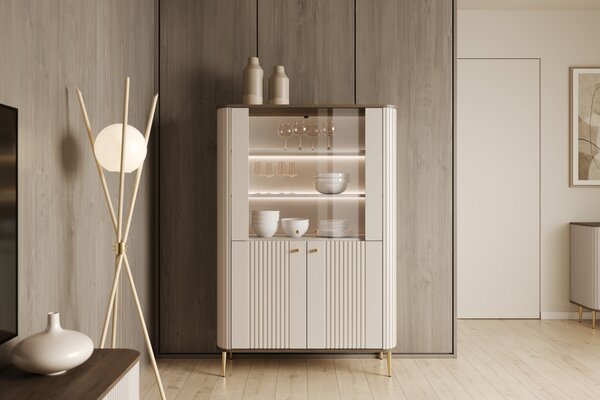Witryna Vesper 103 cm czterodrzwiowa - kaszmir / orzech / złote nogi