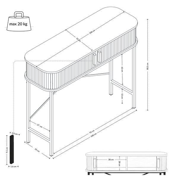 Konsola z rozsuwanymi drzwiami SCAVA, ryflowana, 100 x 35 x 80,5 cm