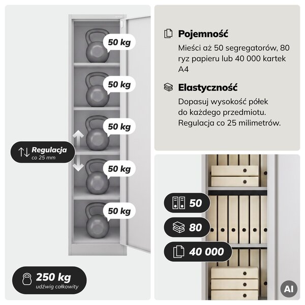 Szafa na akta kartotekowa na klucz szara, 450x1850x600 mm: ALEX D600
