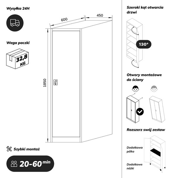 Szafa na akta kartotekowa na klucz antracytowa, 450x1850x600 mm: ALEX D600