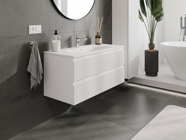 Mexen Rivel szafka łazienkowa 100 cm z umywalką Vela, 2 szuflady, ryflowana , biała mat - 91A20-10047-2-BFF01-W23M01