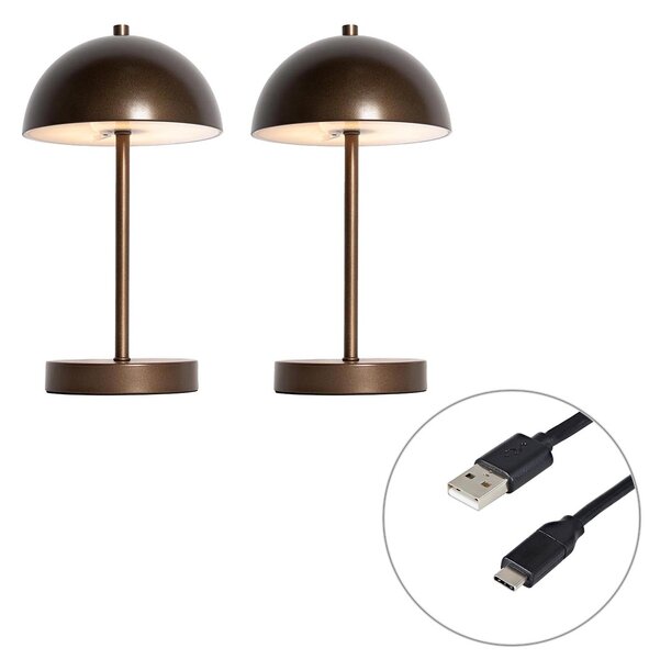Zestaw 2 lamp stołowych zewnętrznych ciemny brąz ładowalnych z LED z 3-stopniowym ściemnianiem - Keira