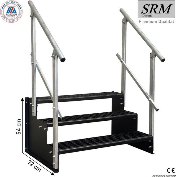 Schody stojące, 3 stopnie, model 2, kolor czarny, szerokość 60 cm, wysokość 54 cm, 2 sztuki poręczy prostokątnych