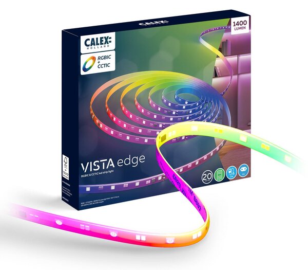 Calex Taśma LED Vista, długość 20 m, RGB, CCT, pilot zdalnego sterowania możliwość ściemniania, biały / opal, salon / jadalnia, tworzywo sztuczne, nowoczesny