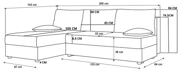 Rozkładana narożna sofa VENORIA SLIM 200x143 cm, beżowa, uniwersalna + 2 poduszki GRATIS