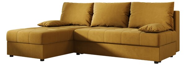 Rozkładana narożna sofa VENORIA SLIM 200x143 cm, musztardowa, uniwersalna + 2 poduszki GRATIS
