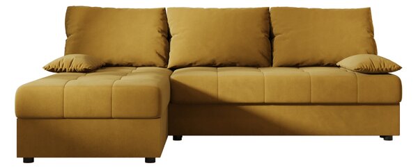 Rozkładana narożna sofa VENORIA SLIM 200x143 cm, musztardowa, uniwersalna + 2 poduszki GRATIS