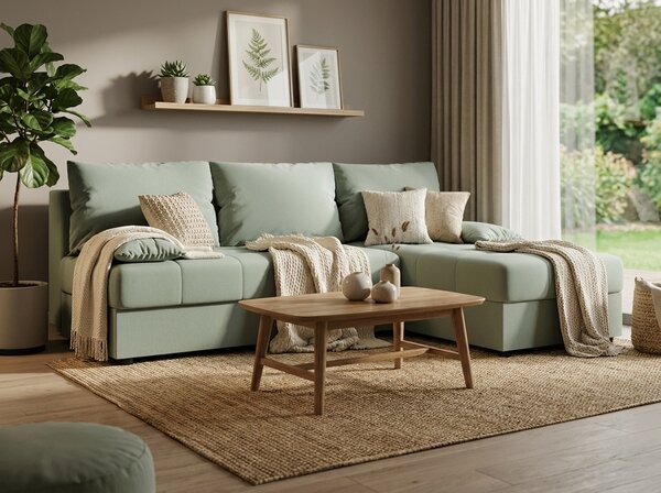 Rozkładana narożna sofa VENORIA SLIM 200x143 cm, jasnozielona, uniwersalna + 2 poduszki GRATIS