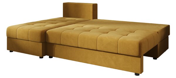 Rozkładana narożna sofa VENORIA SLIM 200x143 cm, musztardowa, uniwersalna + 2 poduszki GRATIS