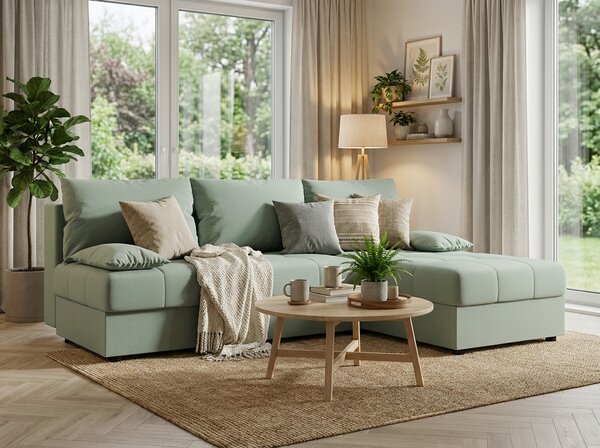 Rozkładana narożna sofa VENORIA SLIM 200x143 cm, jasnozielona, uniwersalna + 2 poduszki GRATIS