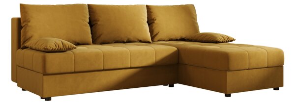 Rozkładana narożna sofa VENORIA SLIM 200x143 cm, musztardowa, uniwersalna + 2 poduszki GRATIS