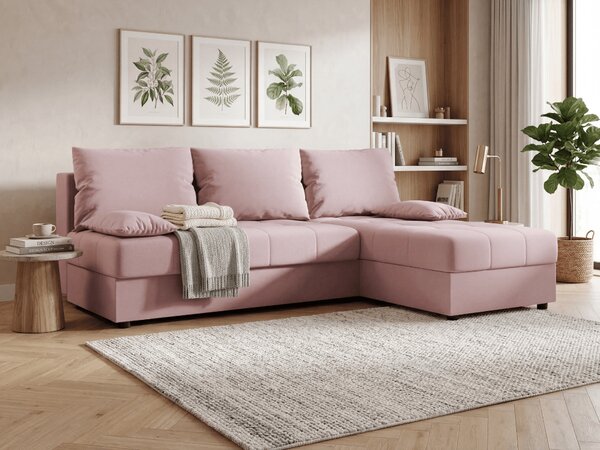 Rozkładana narożna sofa VENORIA SLIM 200x143 cm, pudroworóżowa, uniwersalna + 2 poduszki GRATIS