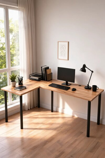 Duże narożne biurko loft regulowane 120x180x60 dąb craft złoty R2-C37