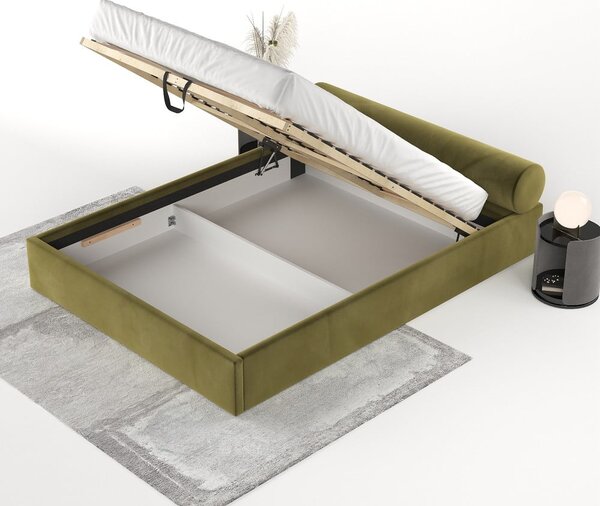 Ciemnozielone tapicerowane łóżko dwuosobowe ze schowkiem i stelażem 180x200 cm Solvo – Maison de Rêve