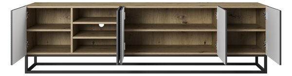 Szafka RTV Asha 200 cm z ryflowanym frontem i metalowym stelażem - artisan / rivier stone mat