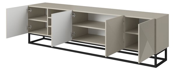 Szafka RTV Asha 200 cm ryflowana z wnęką i czarnym stelażem - kaszmir