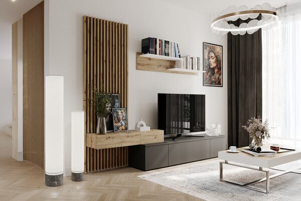 Meblościanka Lucimo 250 cm z lamelami - czarny / dąb artisan