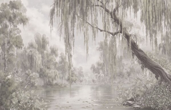 Fototapety Monochromatyczna scena z wierzbami nad spokojną wodą, Fototapety Natura, w05631 : Uwalls.pl