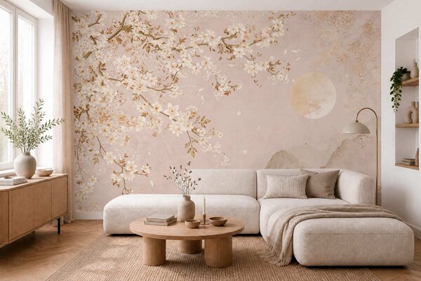 Fototapety Jasna, kwitnąca gałązka nad zamglonymi górami i słońcem, Fototapety Kwiaty, w05695 : Uwalls.pl